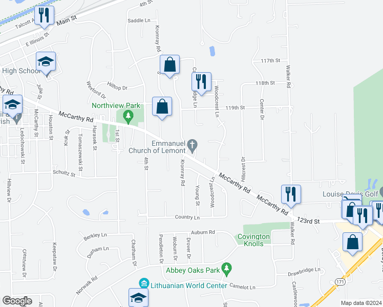 map of restaurants, bars, coffee shops, grocery stores, and more near 1187 McCarthy Road in Lemont
