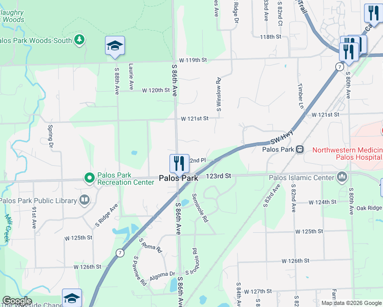 map of restaurants, bars, coffee shops, grocery stores, and more near 8516 122nd Place in Palos Park