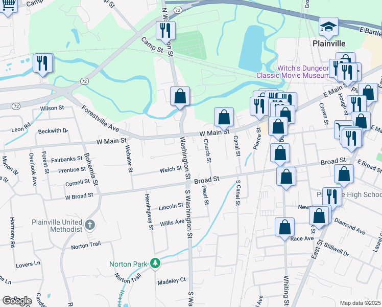 map of restaurants, bars, coffee shops, grocery stores, and more near 26 Washington Street in Plainville