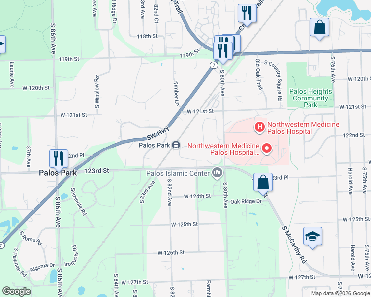 map of restaurants, bars, coffee shops, grocery stores, and more near 10 Commons Drive in Palos Park
