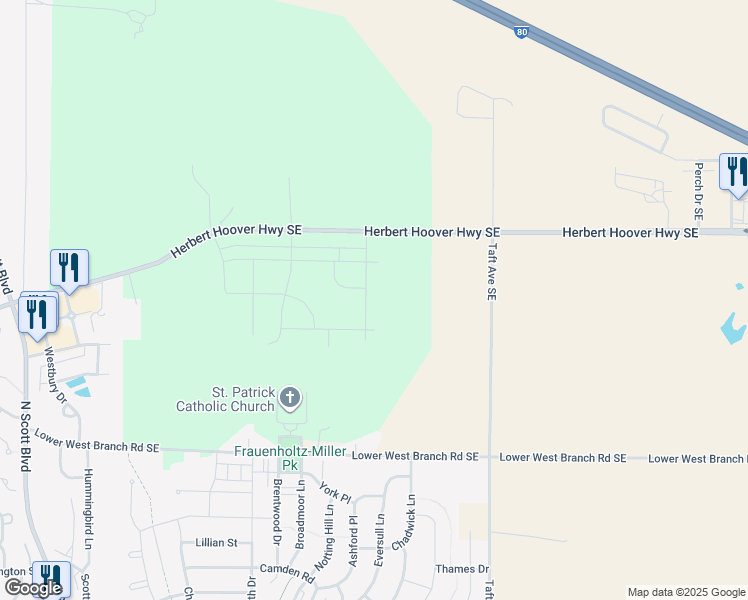 map of restaurants, bars, coffee shops, grocery stores, and more near 673 Thunder Gulch Road in Iowa City