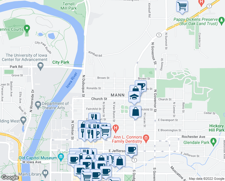 map of restaurants, bars, coffee shops, grocery stores, and more near 429 Ronalds Street in Iowa City