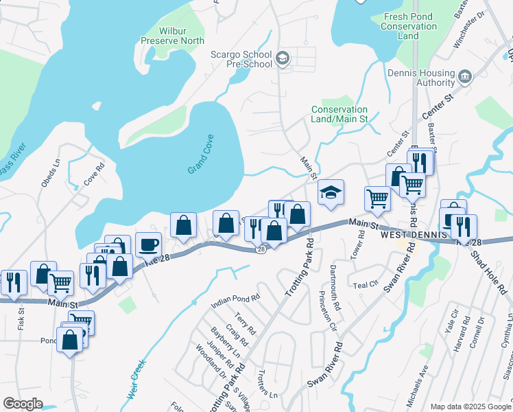 map of restaurants, bars, coffee shops, grocery stores, and more near 49 Old Main Street in Dennis