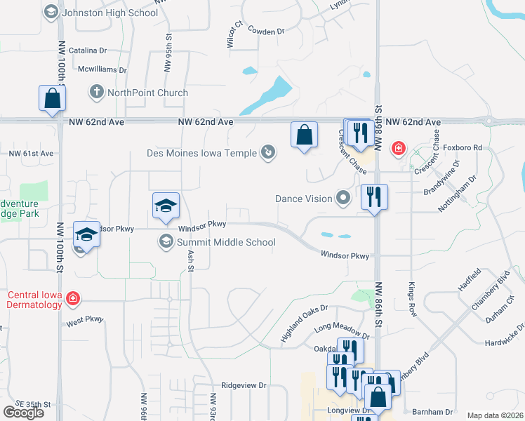 map of restaurants, bars, coffee shops, grocery stores, and more near 9001 Windsor Parkway in Johnston