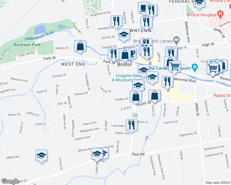 map of restaurants, bars, coffee shops, grocery stores, and more near 74 Locust Street in Bristol