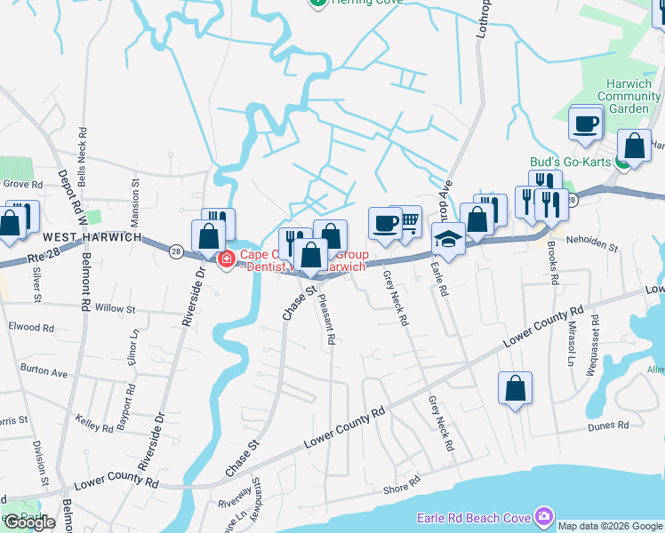 map of restaurants, bars, coffee shops, grocery stores, and more near 188 Massachusetts 28 in Harwich