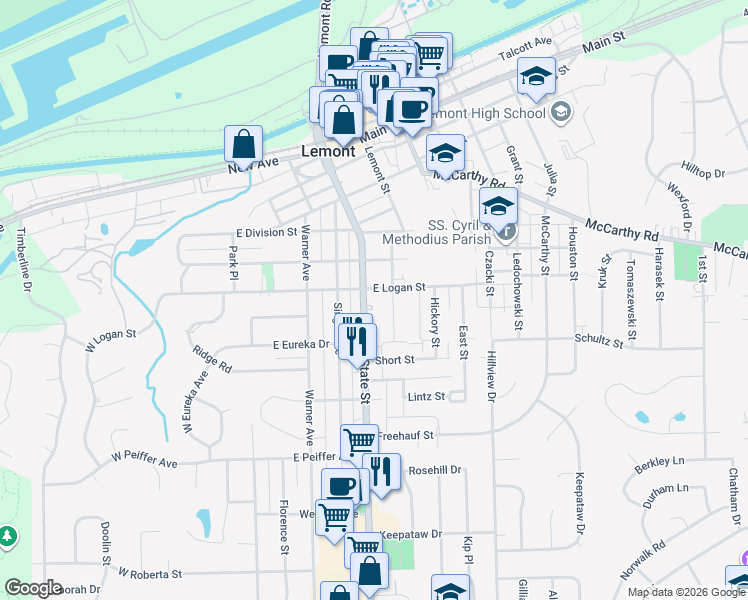 map of restaurants, bars, coffee shops, grocery stores, and more near 714 State Street in Lemont