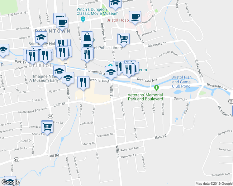 map of restaurants, bars, coffee shops, grocery stores, and more near 70 Memorial Boulevard in Bristol