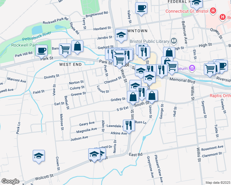 map of restaurants, bars, coffee shops, grocery stores, and more near 30 Gridley Street in Bristol