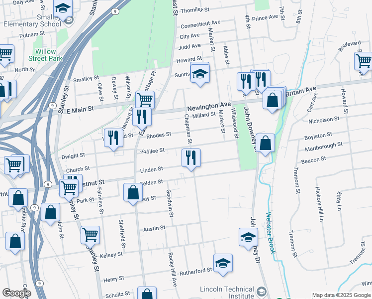 map of restaurants, bars, coffee shops, grocery stores, and more near 117 Jubilee Street in New Britain
