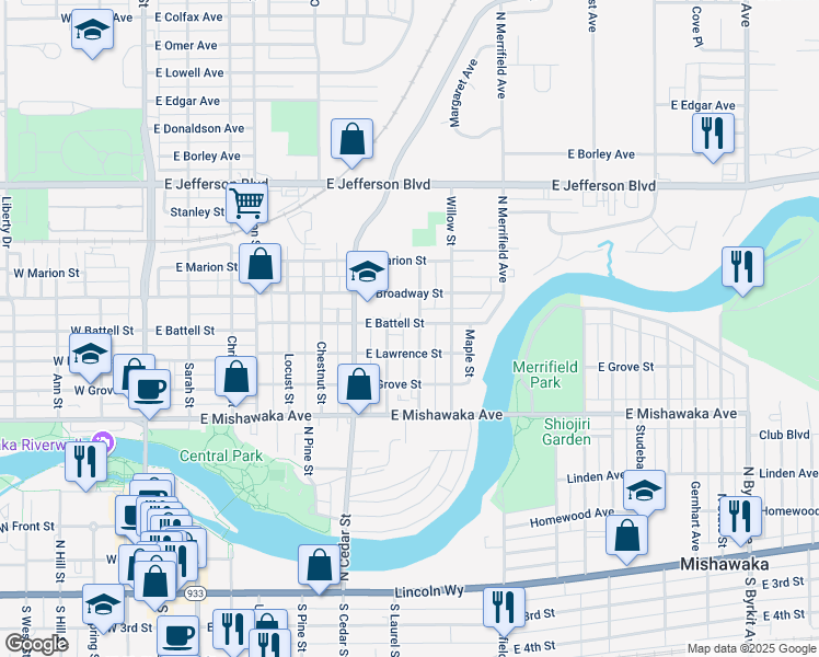 map of restaurants, bars, coffee shops, grocery stores, and more near 819 East Battell Street in Mishawaka
