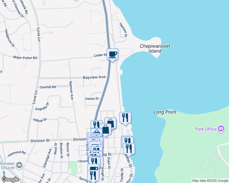 map of restaurants, bars, coffee shops, grocery stores, and more near 4490 Post Road in East Greenwich