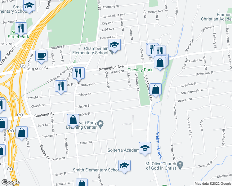 map of restaurants, bars, coffee shops, grocery stores, and more near 168 Linden Street in New Britain