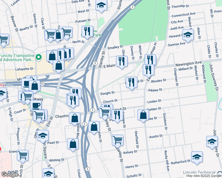 map of restaurants, bars, coffee shops, grocery stores, and more near 34 Dwight Street in New Britain