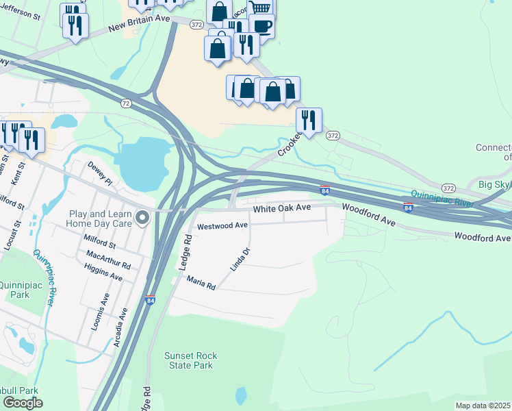 map of restaurants, bars, coffee shops, grocery stores, and more near 86 White Oak Avenue in Plainville