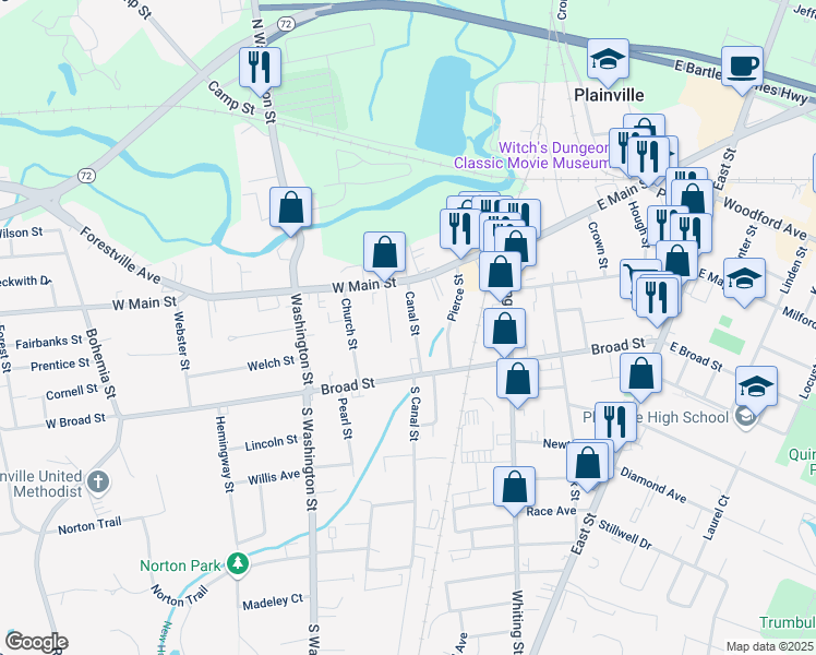 map of restaurants, bars, coffee shops, grocery stores, and more near 24 Strong Court in Plainville