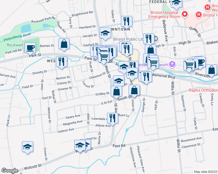map of restaurants, bars, coffee shops, grocery stores, and more near 30 Gridley Street in Bristol