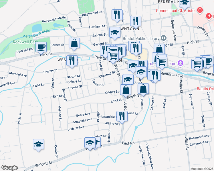 map of restaurants, bars, coffee shops, grocery stores, and more near 70 Gridley Street in Bristol