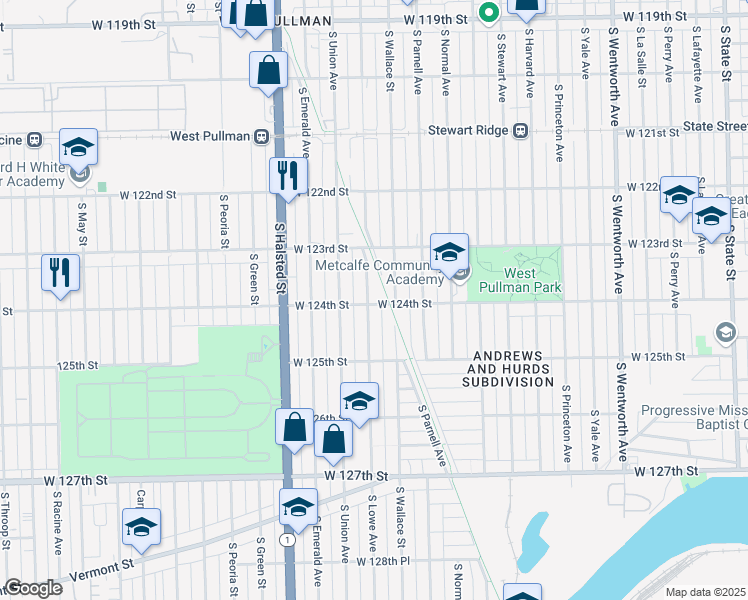 map of restaurants, bars, coffee shops, grocery stores, and more near 620 West 124th Street in Chicago