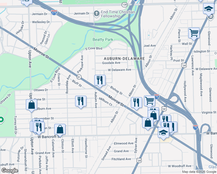 map of restaurants, bars, coffee shops, grocery stores, and more near 3325 Bishop Street in Toledo