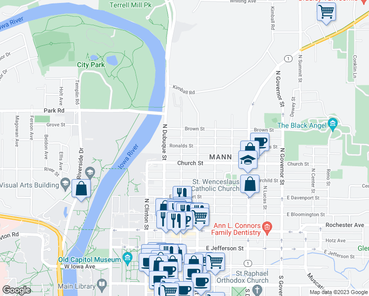 map of restaurants, bars, coffee shops, grocery stores, and more near 628 North Linn Street in Iowa City