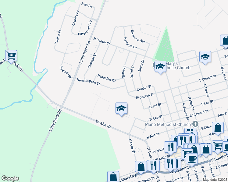 map of restaurants, bars, coffee shops, grocery stores, and more near 525 Hemmingsen Street in Plano