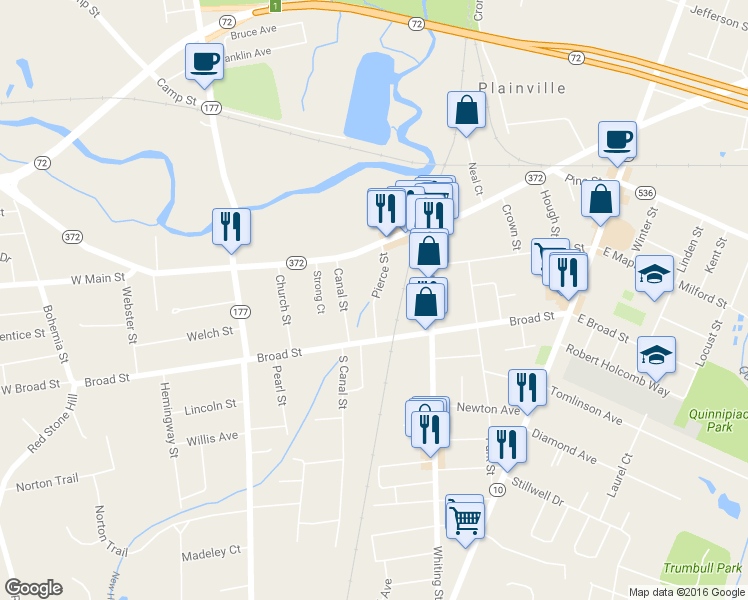 map of restaurants, bars, coffee shops, grocery stores, and more near 55 Pierce Street in Plainville