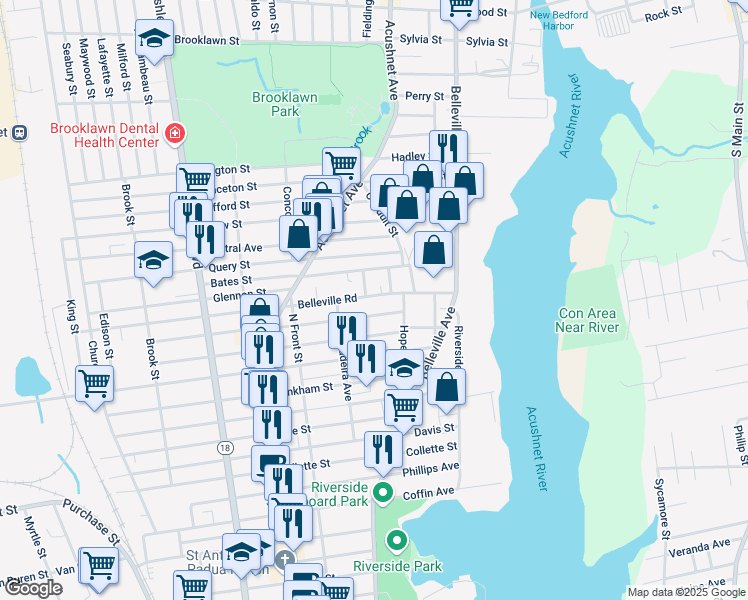 map of restaurants, bars, coffee shops, grocery stores, and more near 64 Belleville Road in New Bedford