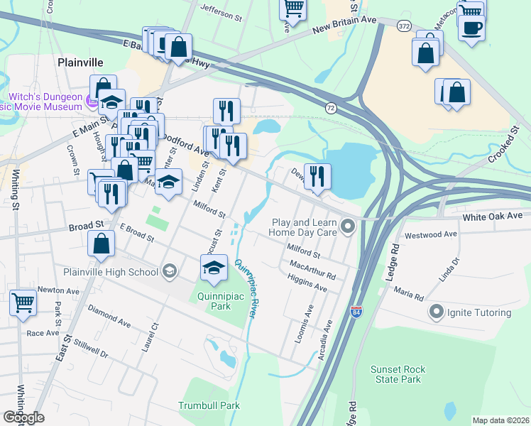 map of restaurants, bars, coffee shops, grocery stores, and more near 50 Milford Street in Plainville