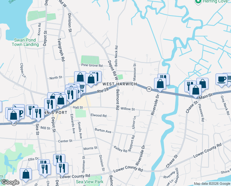 map of restaurants, bars, coffee shops, grocery stores, and more near 190 Belmont Road in Harwich