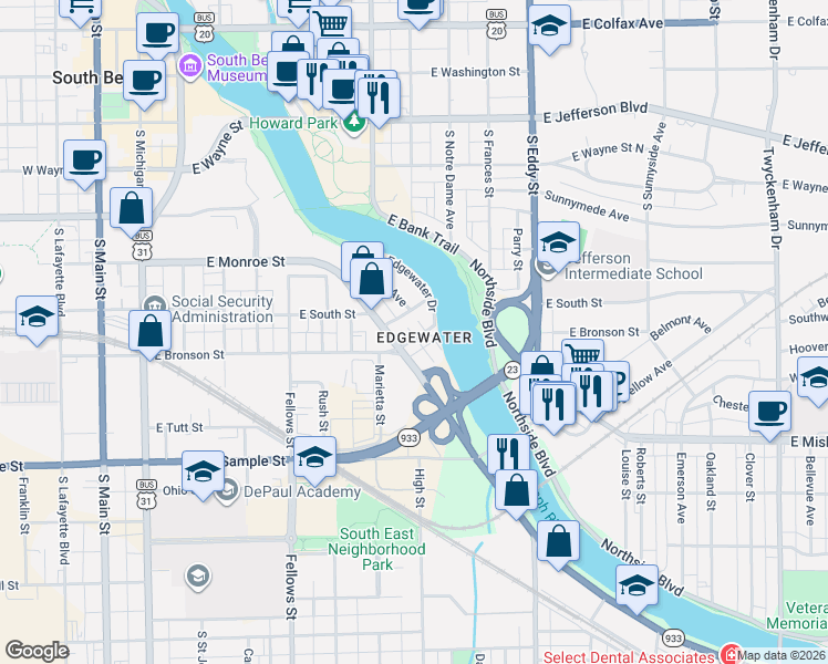 map of restaurants, bars, coffee shops, grocery stores, and more near 730 East Bronson Street in South Bend