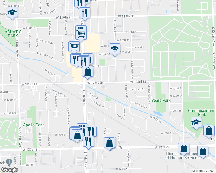 map of restaurants, bars, coffee shops, grocery stores, and more near 3807 West 123rd Place in Alsip
