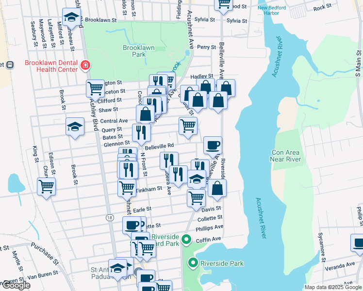map of restaurants, bars, coffee shops, grocery stores, and more near 66 Belleville Road in New Bedford