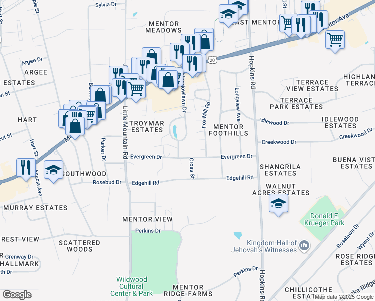 map of restaurants, bars, coffee shops, grocery stores, and more near 5 Meadowlawn Drive in Mentor