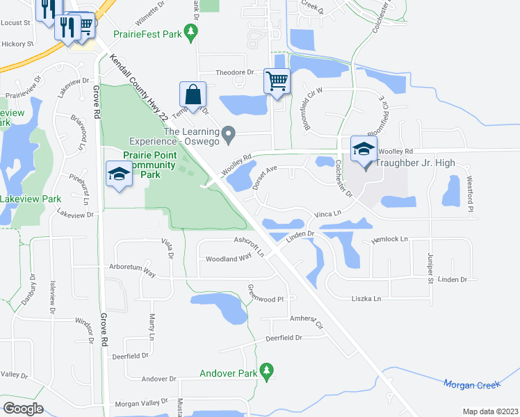 map of restaurants, bars, coffee shops, grocery stores, and more near 245 Dorset Court in Oswego