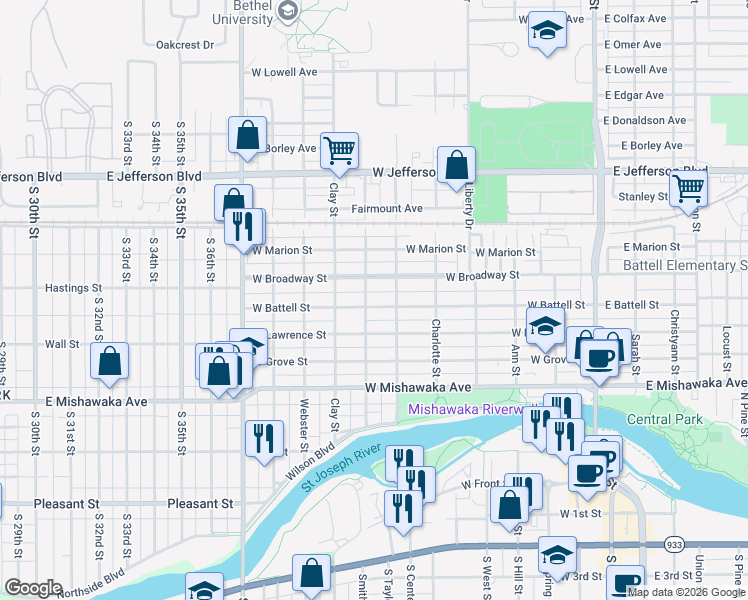 map of restaurants, bars, coffee shops, grocery stores, and more near 851-899 Benton Street in Mishawaka