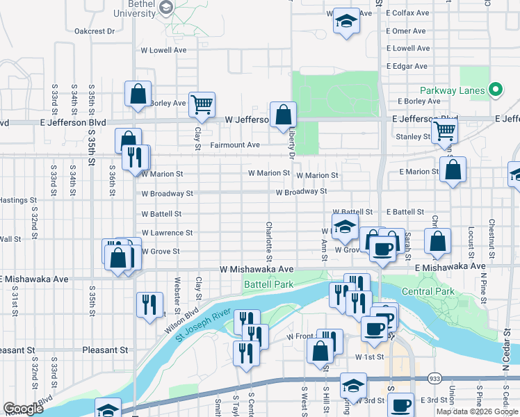 map of restaurants, bars, coffee shops, grocery stores, and more near 503 West Battell Street in Mishawaka