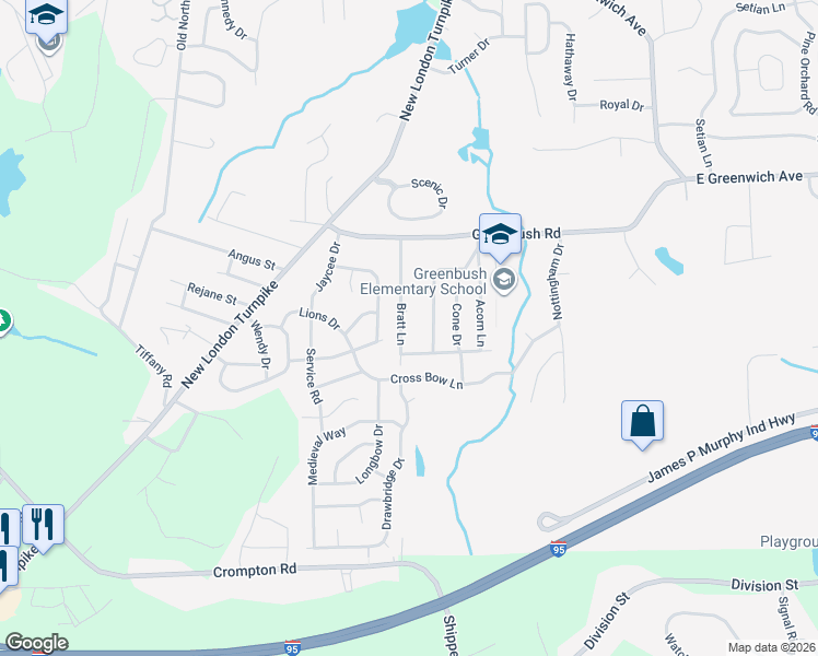 map of restaurants, bars, coffee shops, grocery stores, and more near 76 Bratt Lane in West Warwick