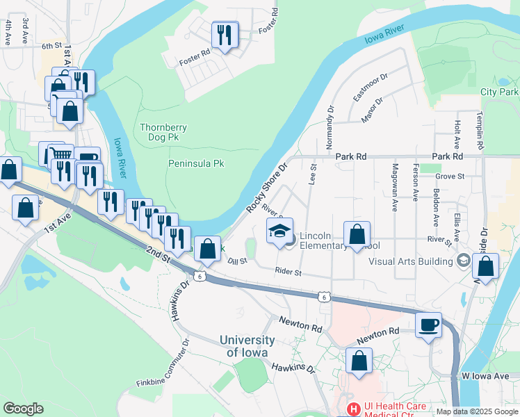 map of restaurants, bars, coffee shops, grocery stores, and more near 1035 River Street in Iowa City