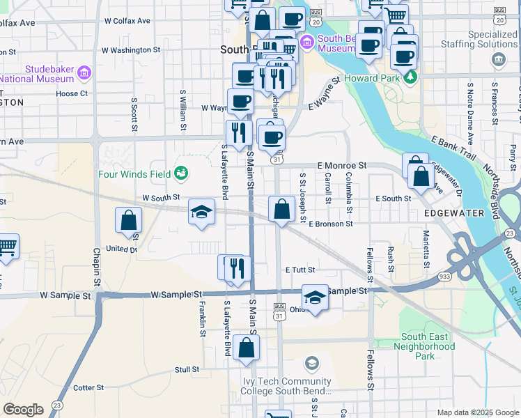 map of restaurants, bars, coffee shops, grocery stores, and more near 151-199 West Bronson Street in South Bend