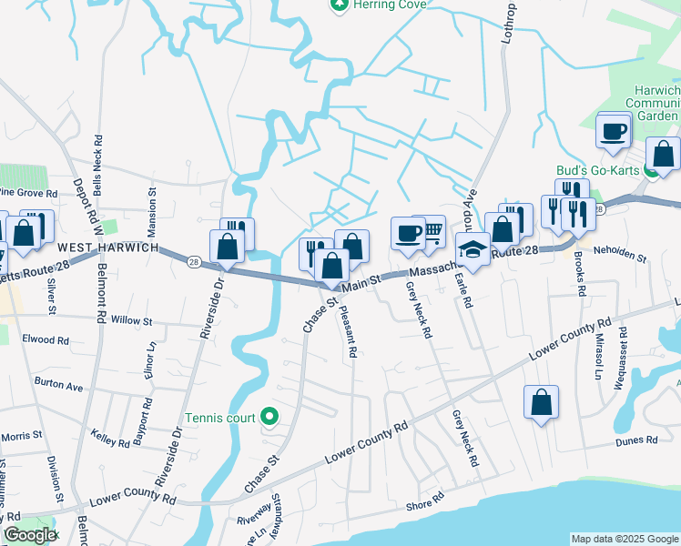 map of restaurants, bars, coffee shops, grocery stores, and more near 189 Massachusetts 28 in Harwich