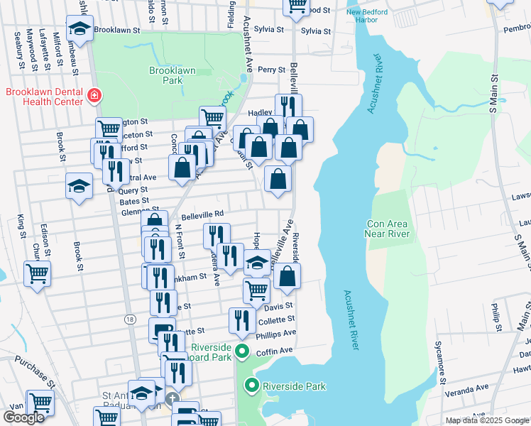 map of restaurants, bars, coffee shops, grocery stores, and more near 59 Eugenia Street in New Bedford