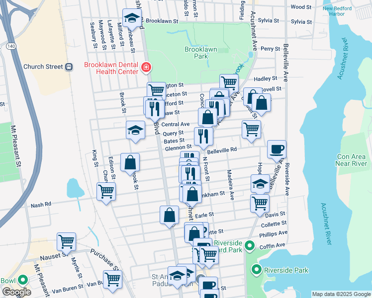 map of restaurants, bars, coffee shops, grocery stores, and more near 158 Belleville Road in New Bedford