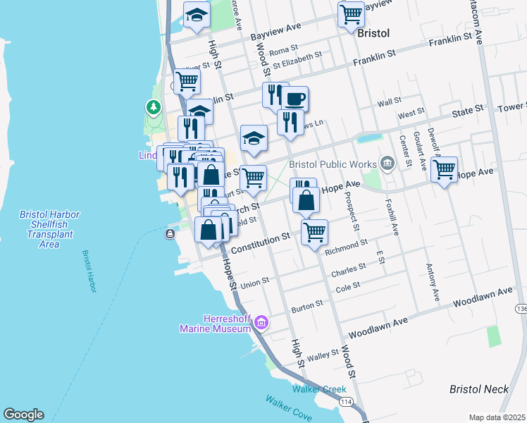 map of restaurants, bars, coffee shops, grocery stores, and more near 190 High Street in Bristol