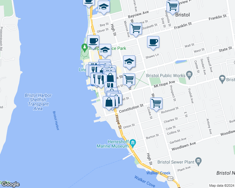map of restaurants, bars, coffee shops, grocery stores, and more near 366 Hope Street in Bristol