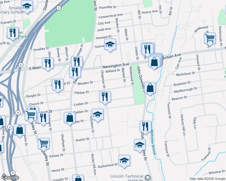 map of restaurants, bars, coffee shops, grocery stores, and more near 168 Linden Street in New Britain
