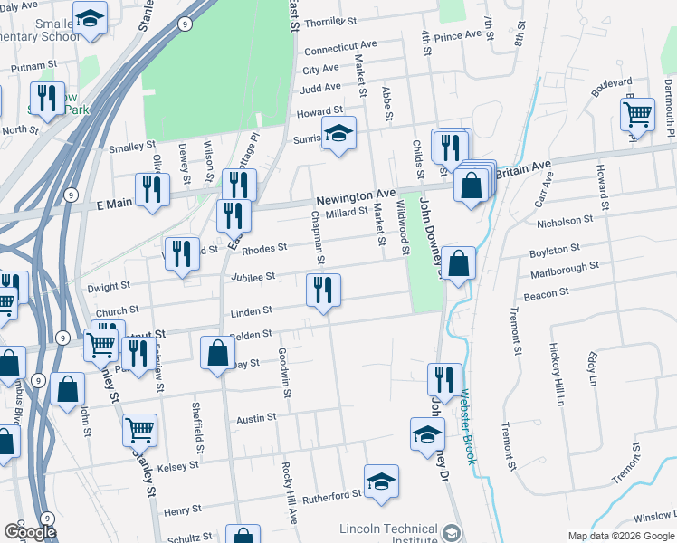 map of restaurants, bars, coffee shops, grocery stores, and more near 203 Chapman Street in New Britain