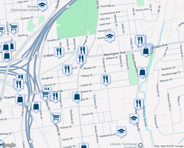 map of restaurants, bars, coffee shops, grocery stores, and more near 51 Jubilee Street in New Britain