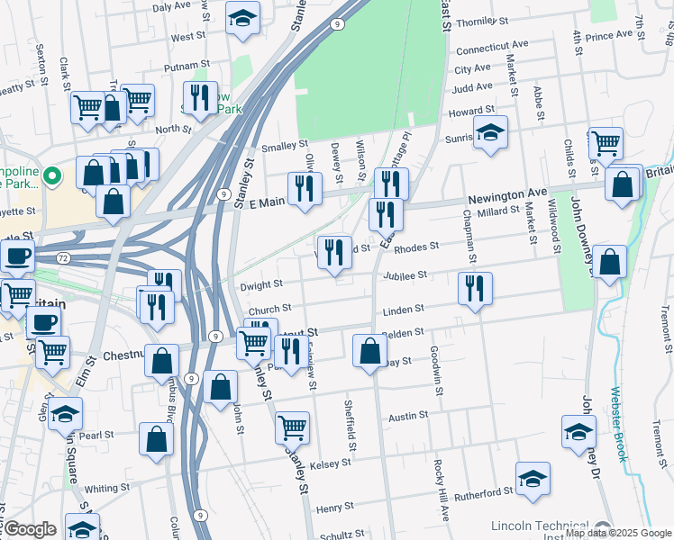 map of restaurants, bars, coffee shops, grocery stores, and more near 155 Dwight Street in New Britain