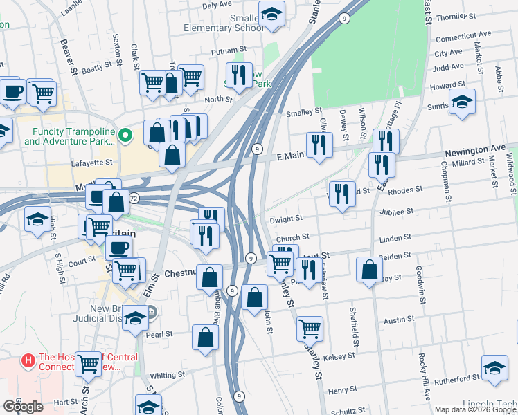 map of restaurants, bars, coffee shops, grocery stores, and more near 777 Stanley Street in New Britain